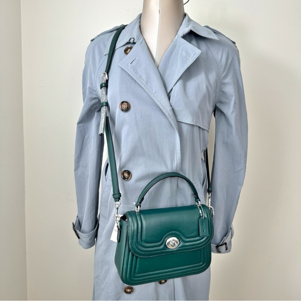 Coach Marlie Top Handle Satchel w/ Border Quilting Leather in Metallic Green - Picture 3 of 11